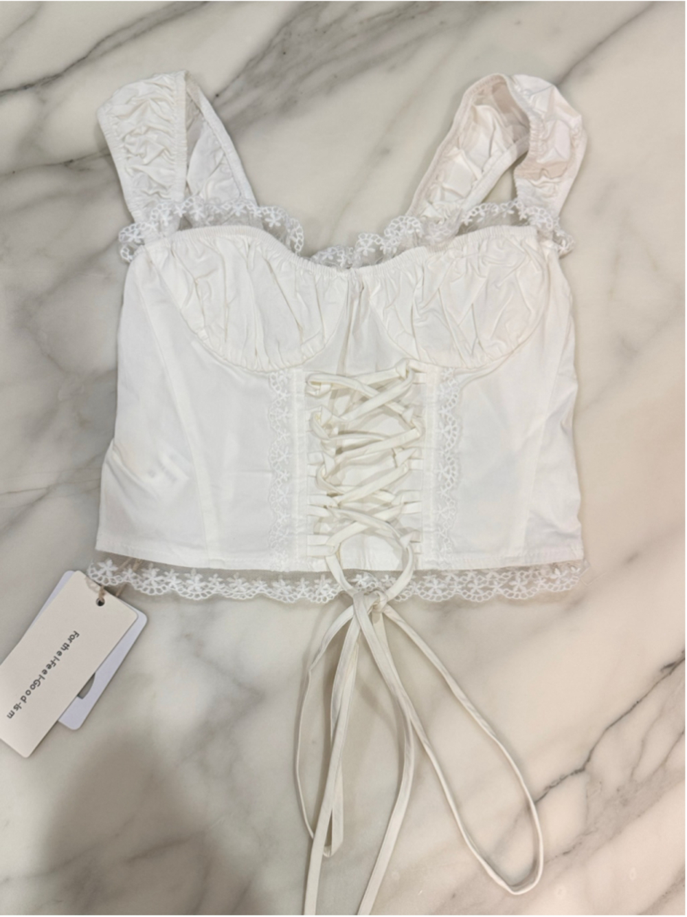 Commense White Lace-Up Corset Crop Top XS Milkmaid Regency Cottagecore Coquette